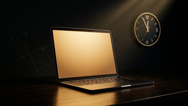 Laptop glowing on an empty desk late at night while a wall clock passes midnight