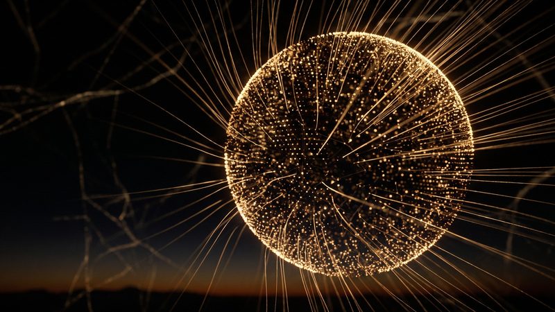 Golden sphere of connected light points above a dark horizon
